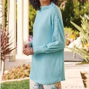 Soft Surroundings Arley Mock Neck Snap Tunic Pullover Blue Size Medium